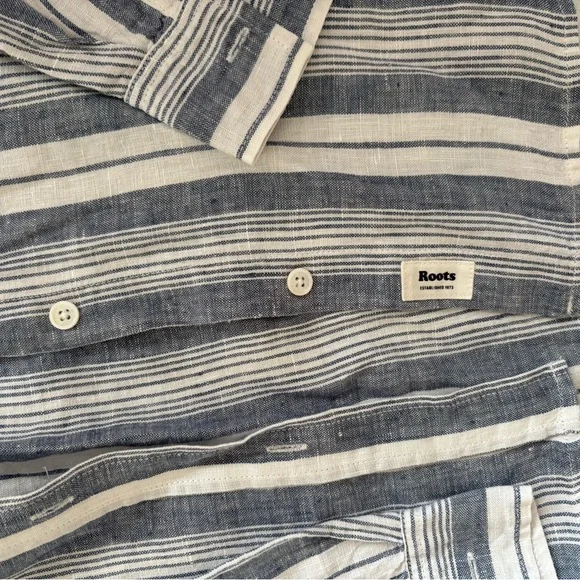 Roots Navy and White Striped Button-Down Linen Shirt - Picture 3 of 4